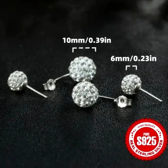 Sterling Silver S925.  Double Rhinestone Ball Ear  Classic Daily Wear Perfect - Picture 7 of 13